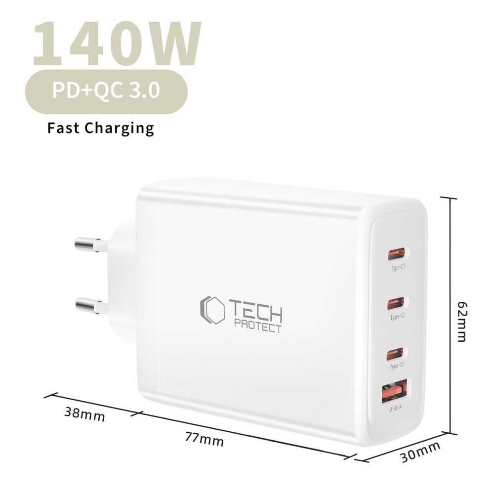 Netwerkoplader Tech-Protect NC140W-GAN, 140W, 5A, 1 x USB-A - 3 x USB-C, Wit