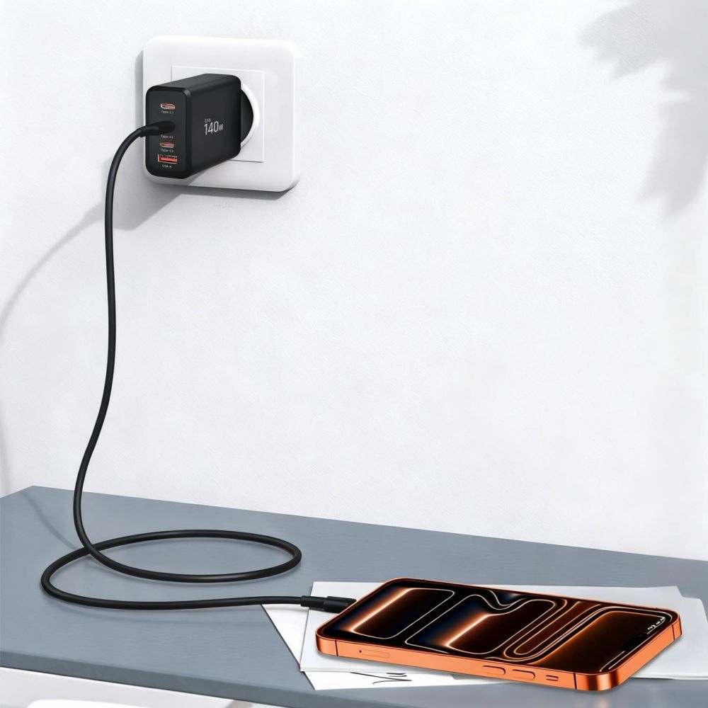 Netzladegerät Tech-Protect NC140W-GAN, 140W, 5A, 1 x USB-A - 3 x USB-C, Schwarz