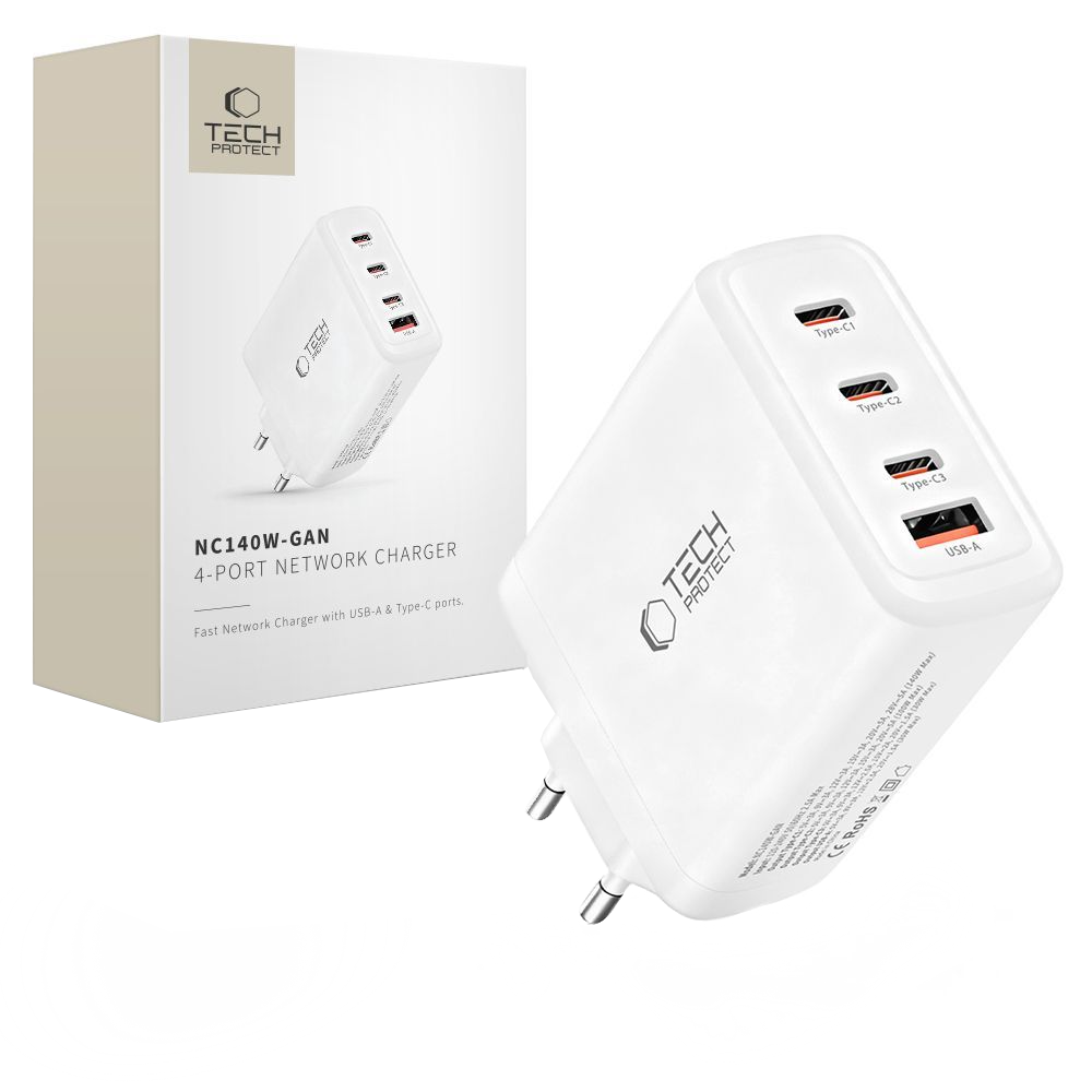 Netwerkoplader Tech-Protect NC140W-GAN, 140W, 5A, 1 x USB-A - 3 x USB-C, Wit