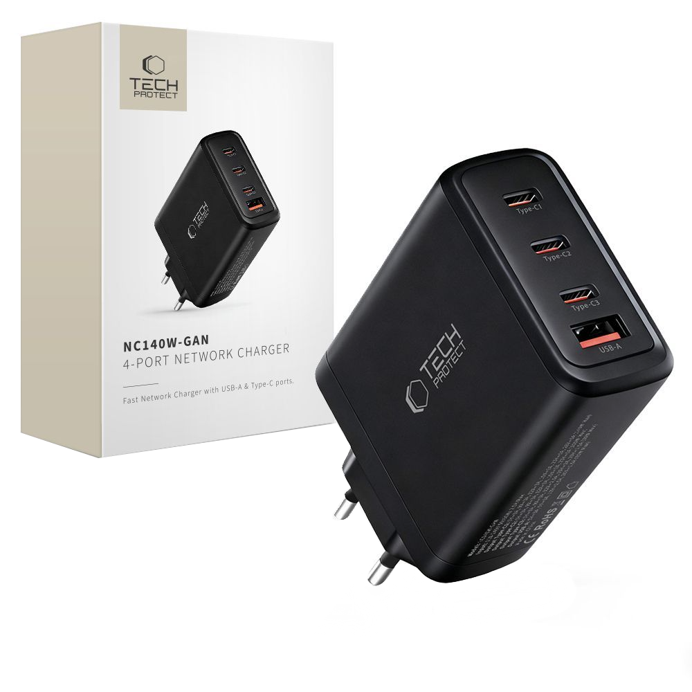 Netzladegerät Tech-Protect NC140W-GAN, 140W, 5A, 1 x USB-A - 3 x USB-C, Schwarz