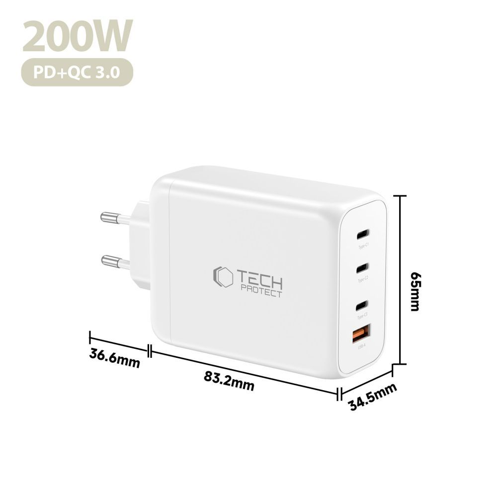 Netzladegerät Tech-Protect NC200W-GAN, 200W, 5A, 1 x USB-A - 3 x USB-C, Weiß