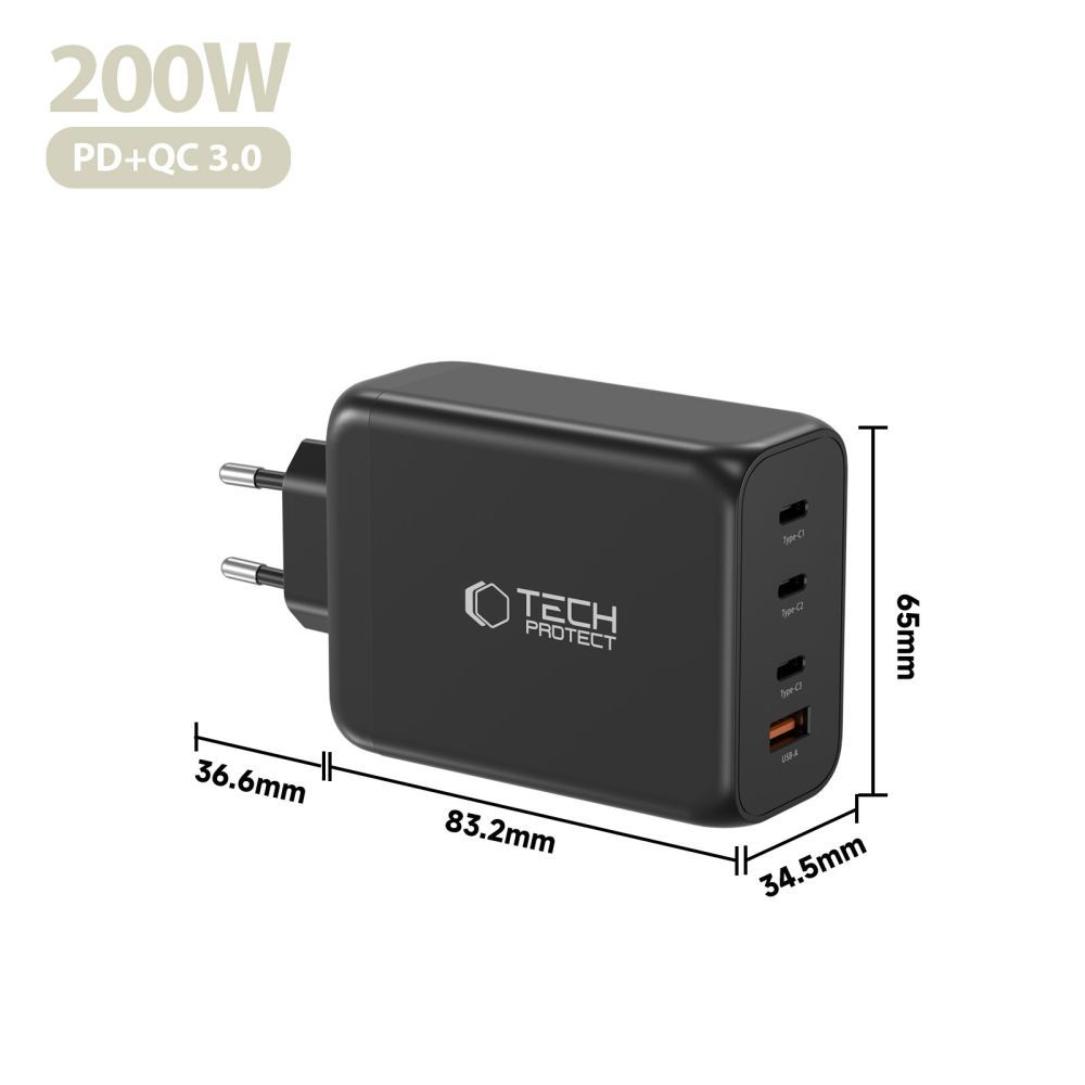 Tech-Protect NC200W-GAN Netwerkoplader, 200W, 5A, 1 x USB-A - 3 x USB-C, Zwart