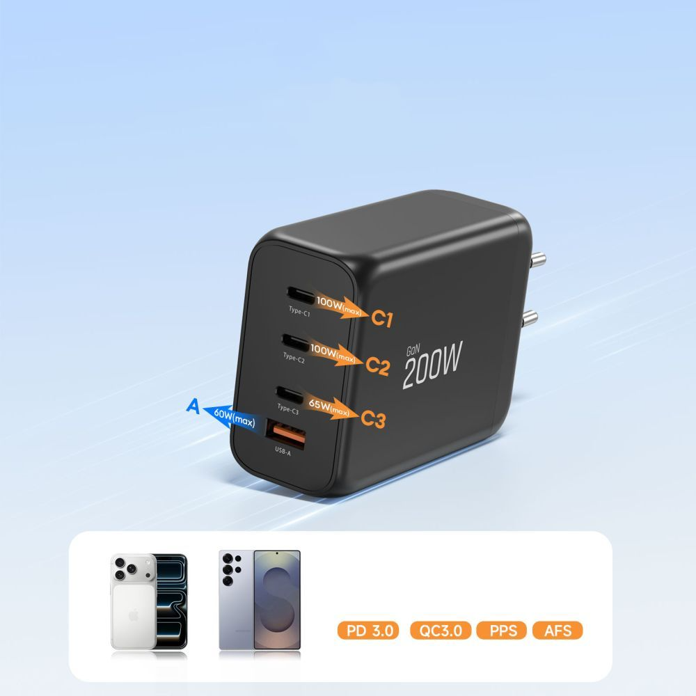 Tech-Protect NC200W-GAN Netwerkoplader, 200W, 5A, 1 x USB-A - 3 x USB-C, Zwart