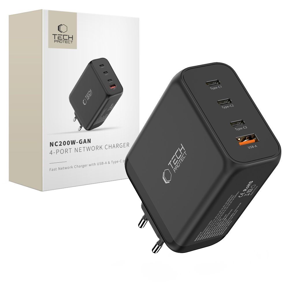 Tech-Protect NC200W-GAN Netwerkoplader, 200W, 5A, 1 x USB-A - 3 x USB-C, Zwart
