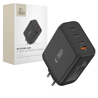 Tech-Protect NC200W-GAN Netwerkoplader, 200W, 5A, 1 x USB-A - 3 x USB-C, Zwart