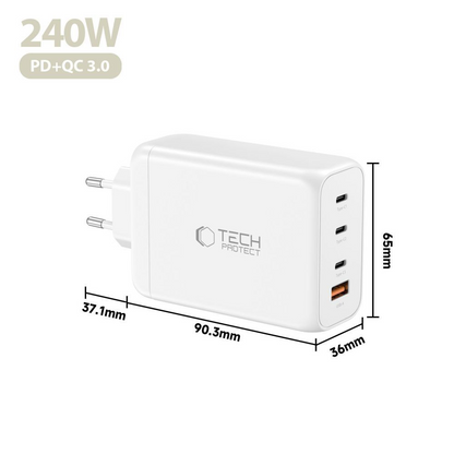 Netzladegerät Tech-Protect NC240W-GAN, 240W, 5A, 1 x USB-A - 3 x USB-C, Weiß