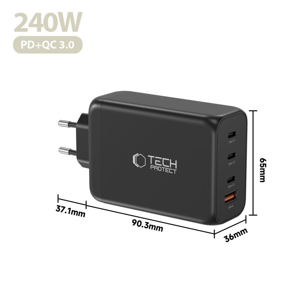 Netzladegerät Tech-Protect NC240W-GAN, 240W, 5A, 1 x USB-A - 3 x USB-C, Schwarz