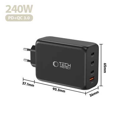 Netzladegerät Tech-Protect NC240W-GAN, 240W, 5A, 1 x USB-A - 3 x USB-C, Schwarz