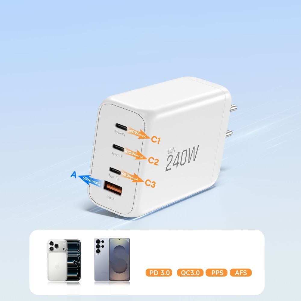 Netzladegerät Tech-Protect NC240W-GAN, 240W, 5A, 1 x USB-A - 3 x USB-C, Weiß