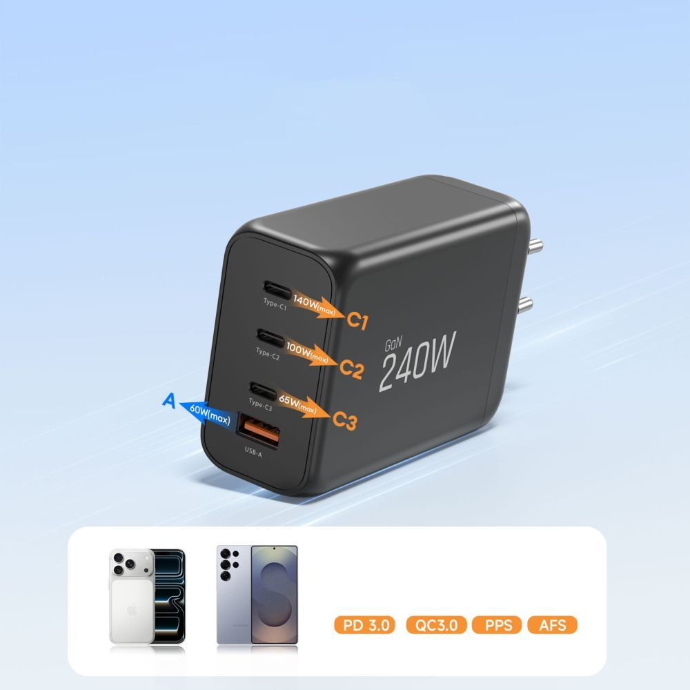 Netzladegerät Tech-Protect NC240W-GAN, 240W, 5A, 1 x USB-A - 3 x USB-C, Schwarz