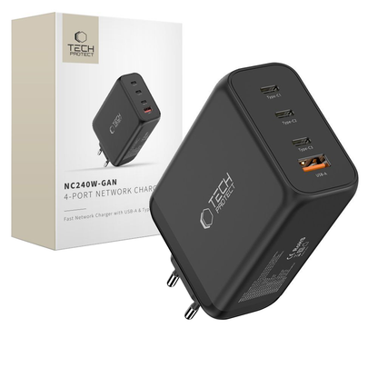 Netzladegerät Tech-Protect NC240W-GAN, 240W, 5A, 1 x USB-A - 3 x USB-C, Schwarz