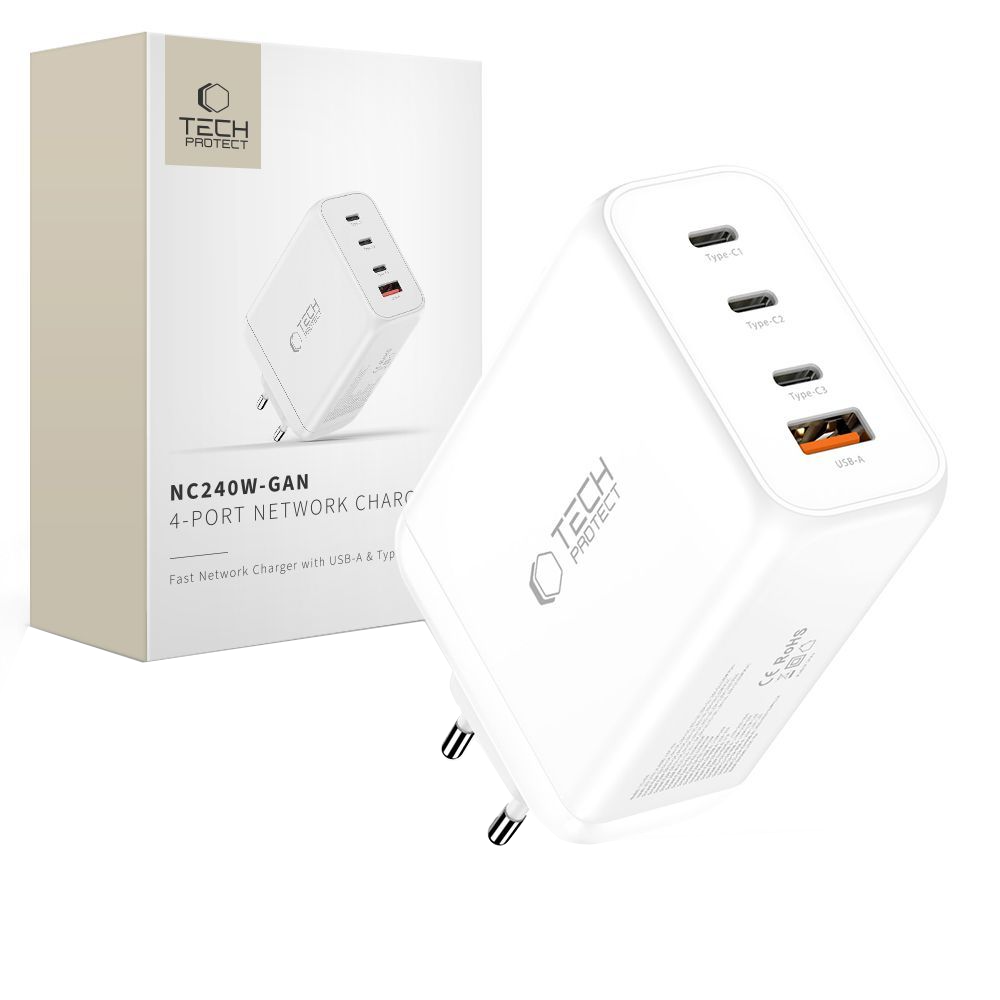Netzladegerät Tech-Protect NC240W-GAN, 240W, 5A, 1 x USB-A - 3 x USB-C, Weiß