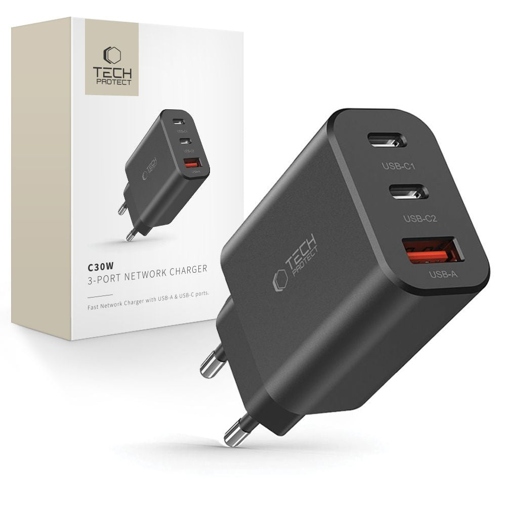 Netwerkoplader Tech-Protect NC30W, 30W, 3A, 1 x USB-A - 2 x USB-C, Zwart 