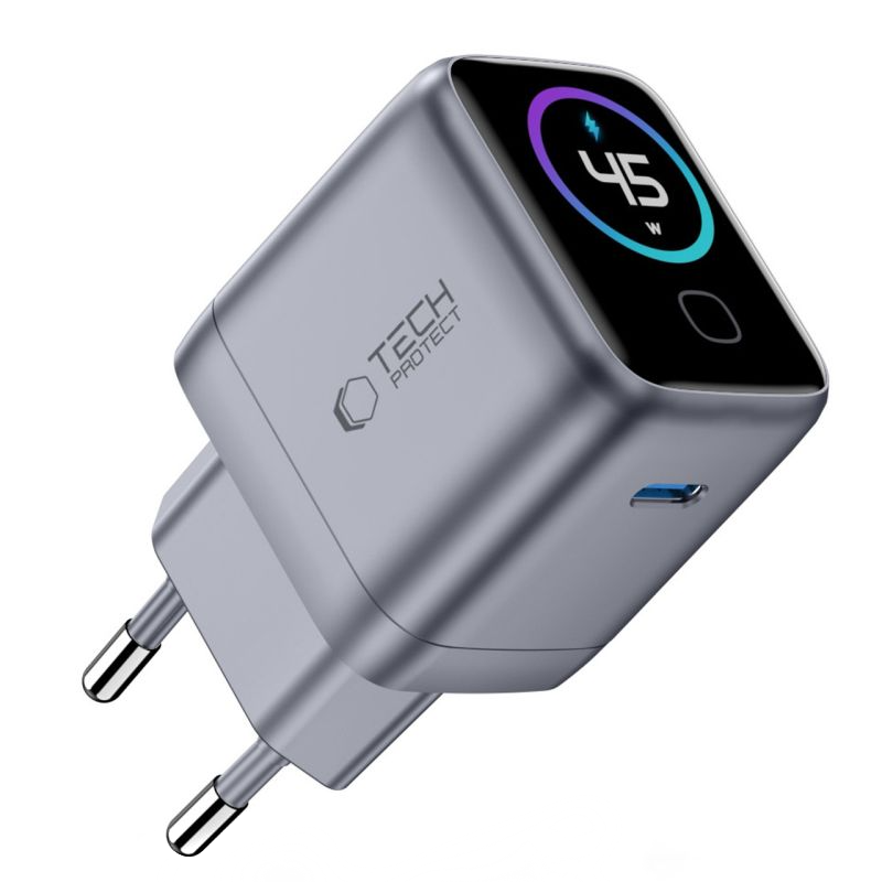 Tech-Protect NC45W Display Netzladegerät, 45W, 3A, 1 x USB-C, Grau