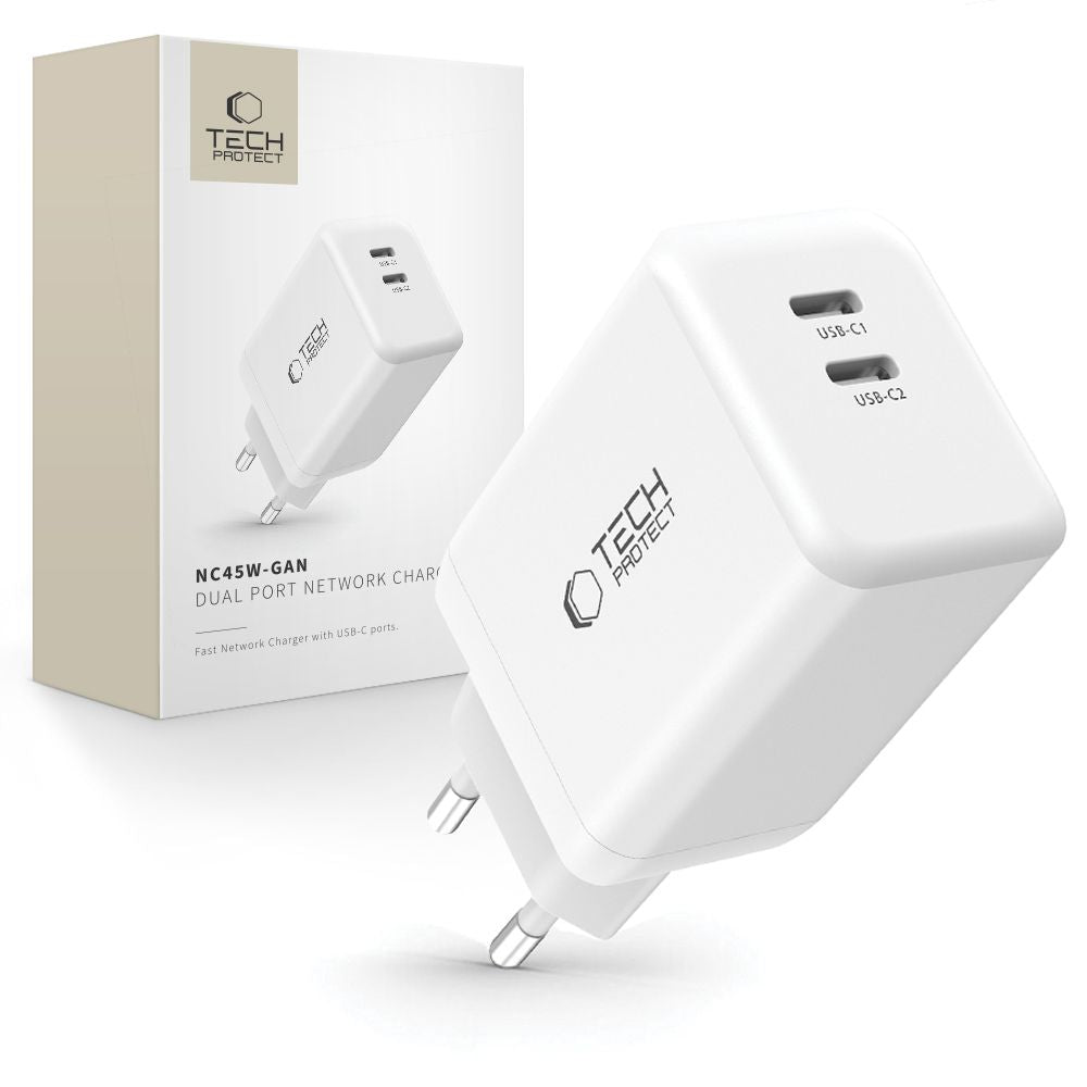 Chargeur réseau Tech-Protect NC45W, 45W, 3A, 2 x USB-C, blanc 