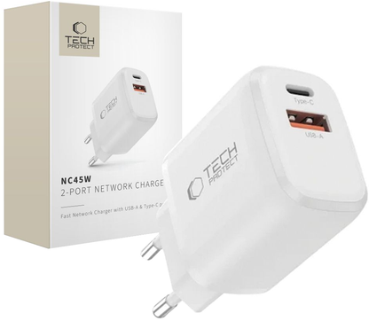 Netzladegerät Tech-Protect NCA45W, 45W, 3A, 1 x USB-A - 1 x USB-C, Weiß