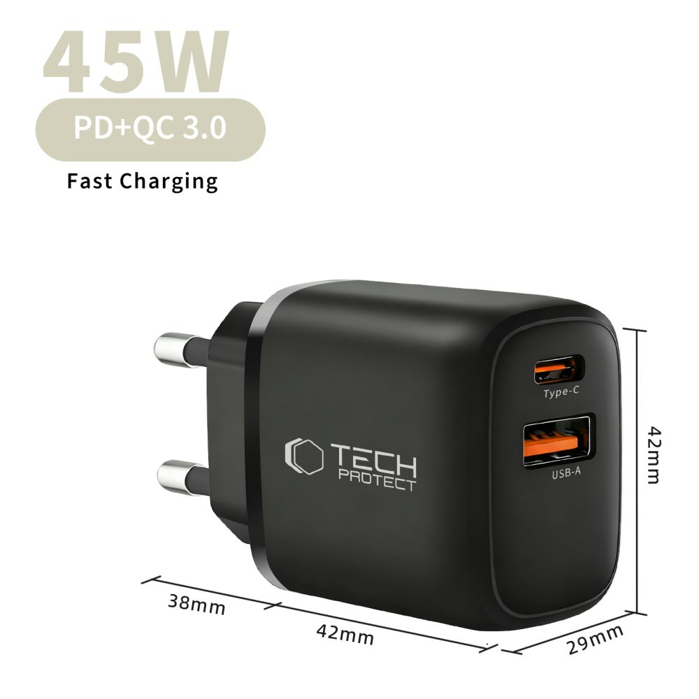 Chargeur Réseau Tech-Protect NCA45W, 45W, 3A, 1 x USB-A - 1 x USB-C, Noir