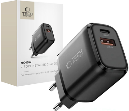 Chargeur Réseau Tech-Protect NCA45W, 45W, 3A, 1 x USB-A - 1 x USB-C, Noir