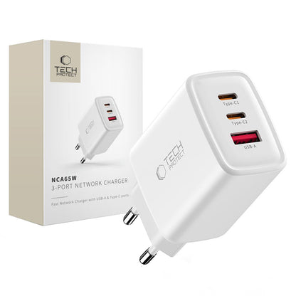 Chargeur Réseau Tech-Protect NCA65W, 65W, 3A, 1 x USB-A - 2 x USB-C, Blanc