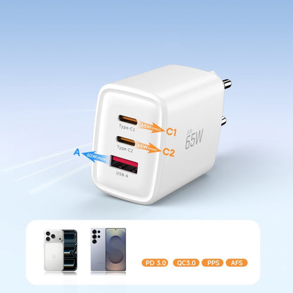 Chargeur Réseau Tech-Protect NCA65W, 65W, 3A, 1 x USB-A - 2 x USB-C, Blanc