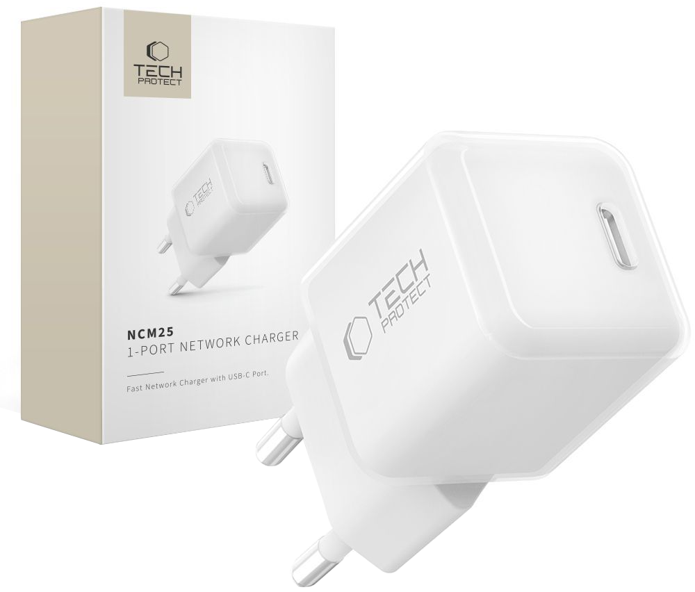 Chargeur secteur Tech-Protect NCM25, 25W, 3A, 1 x USB-C, Blanc