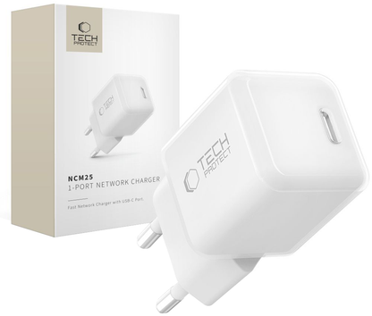 Chargeur secteur Tech-Protect NCM25, 25W, 3A, 1 x USB-C, Blanc