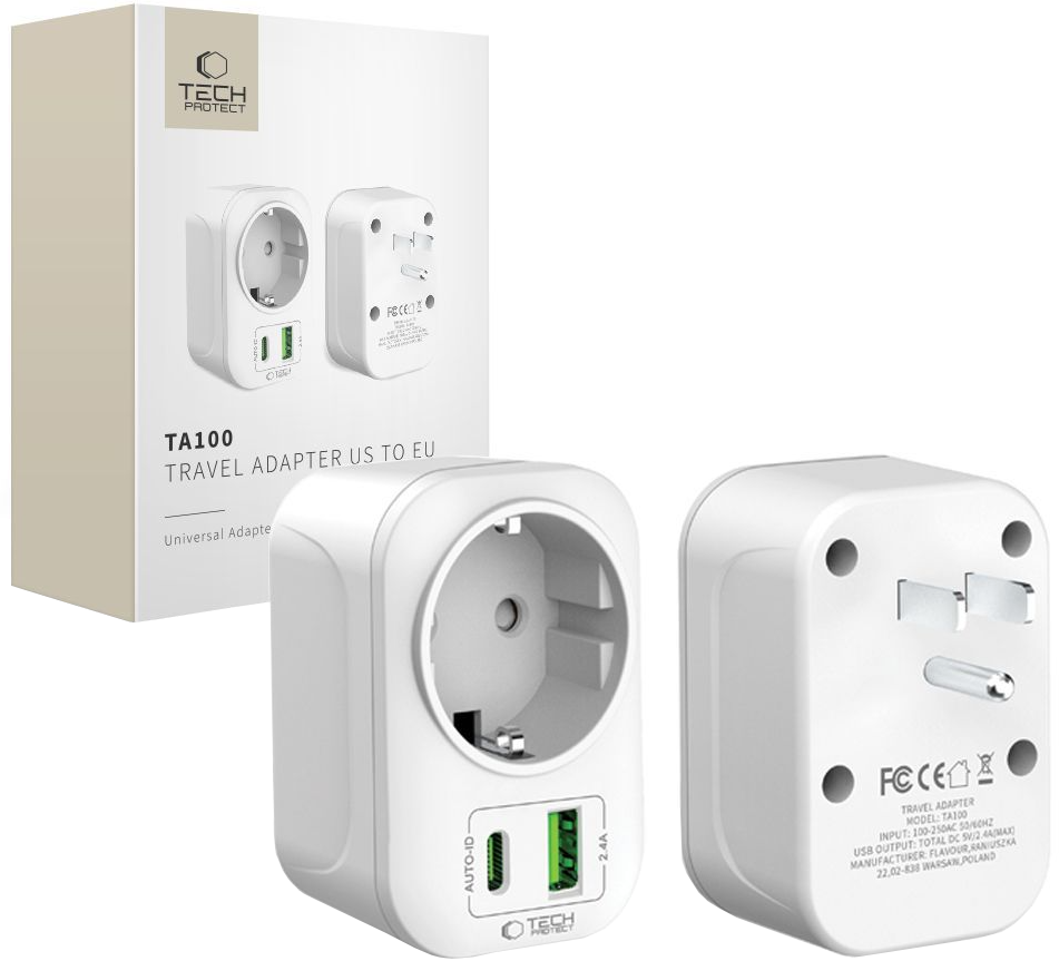 Netzladegerät Tech-Protect TA100 Travel US, 20W, 3A, 1 x Schuko - 1 x USB-A - 1 x USB-C, Weiß