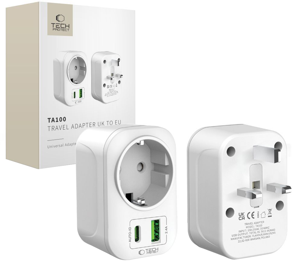 Chargeur Réseau Tech-Protect TA100 Travel UK, 20W, 3A, 1 x Schuko - 1 x USB-A - 1 x USB-C, Blanc
