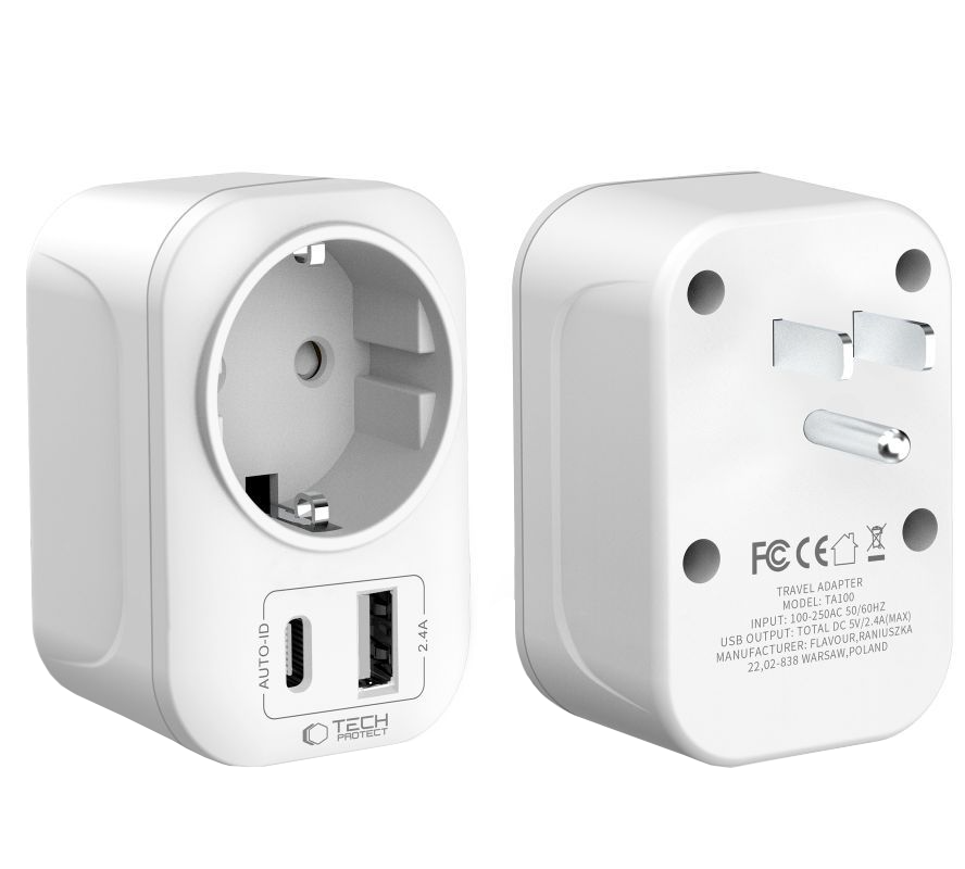 Netzladegerät Tech-Protect TA100 Travel US, 20W, 3A, 1 x Schuko - 1 x USB-A - 1 x USB-C, Weiß