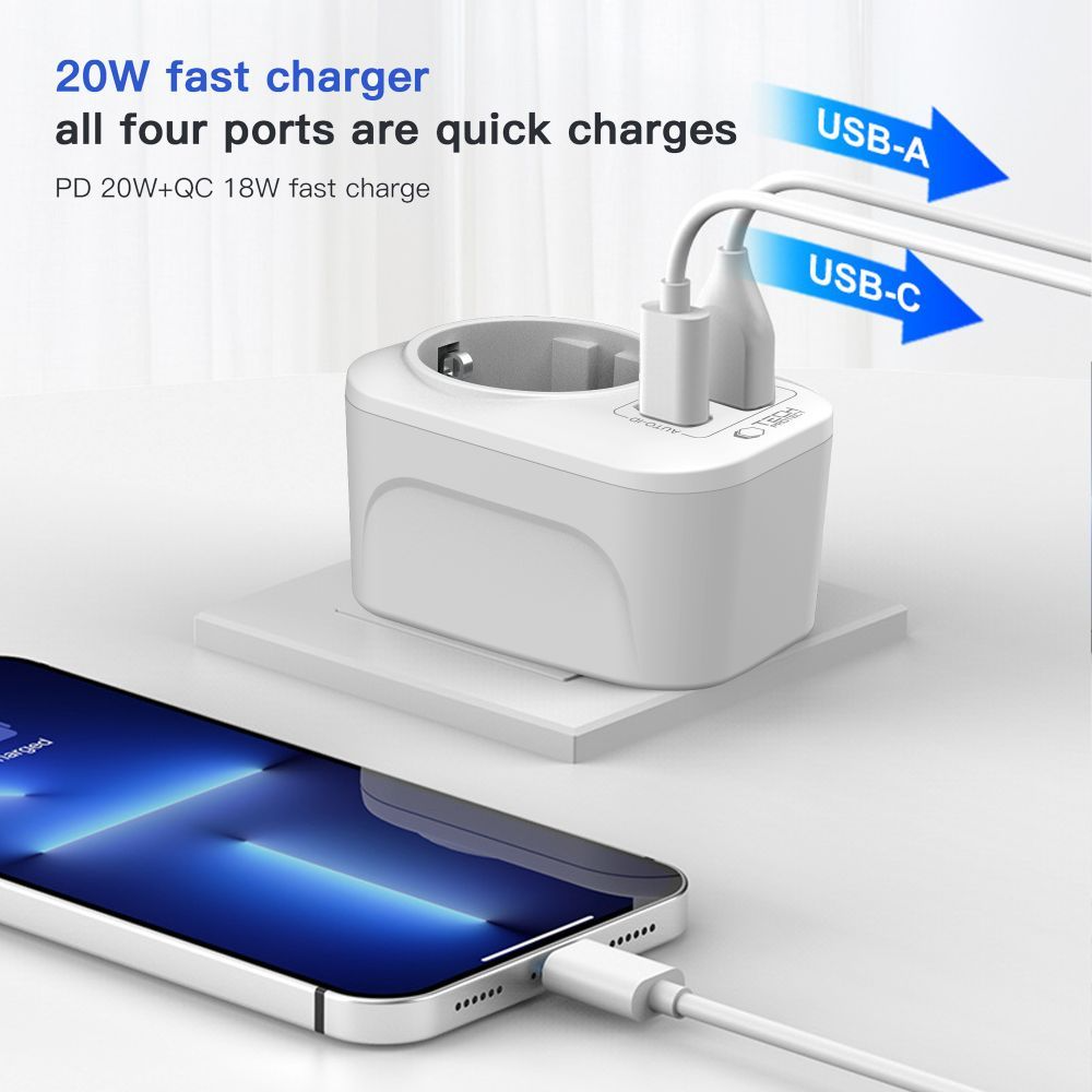 Chargeur Réseau Tech-Protect TA100 Travel UK, 20W, 3A, 1 x Schuko - 1 x USB-A - 1 x USB-C, Blanc