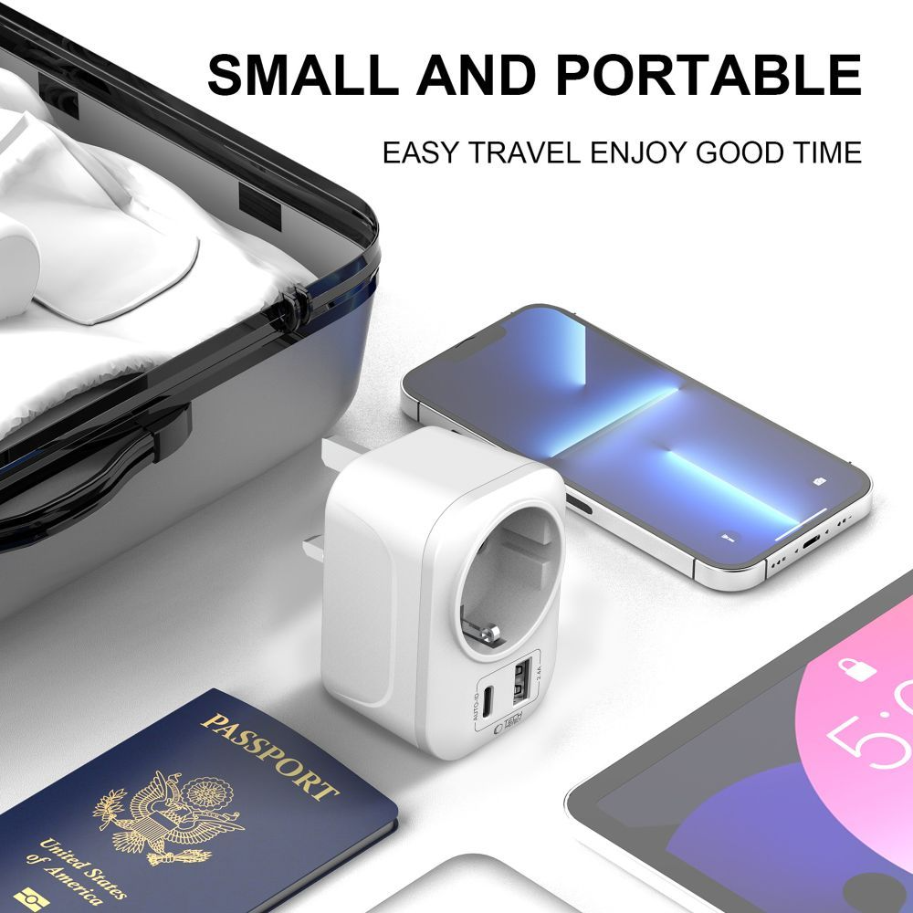 Chargeur Réseau Tech-Protect TA100 Travel UK, 20W, 3A, 1 x Schuko - 1 x USB-A - 1 x USB-C, Blanc