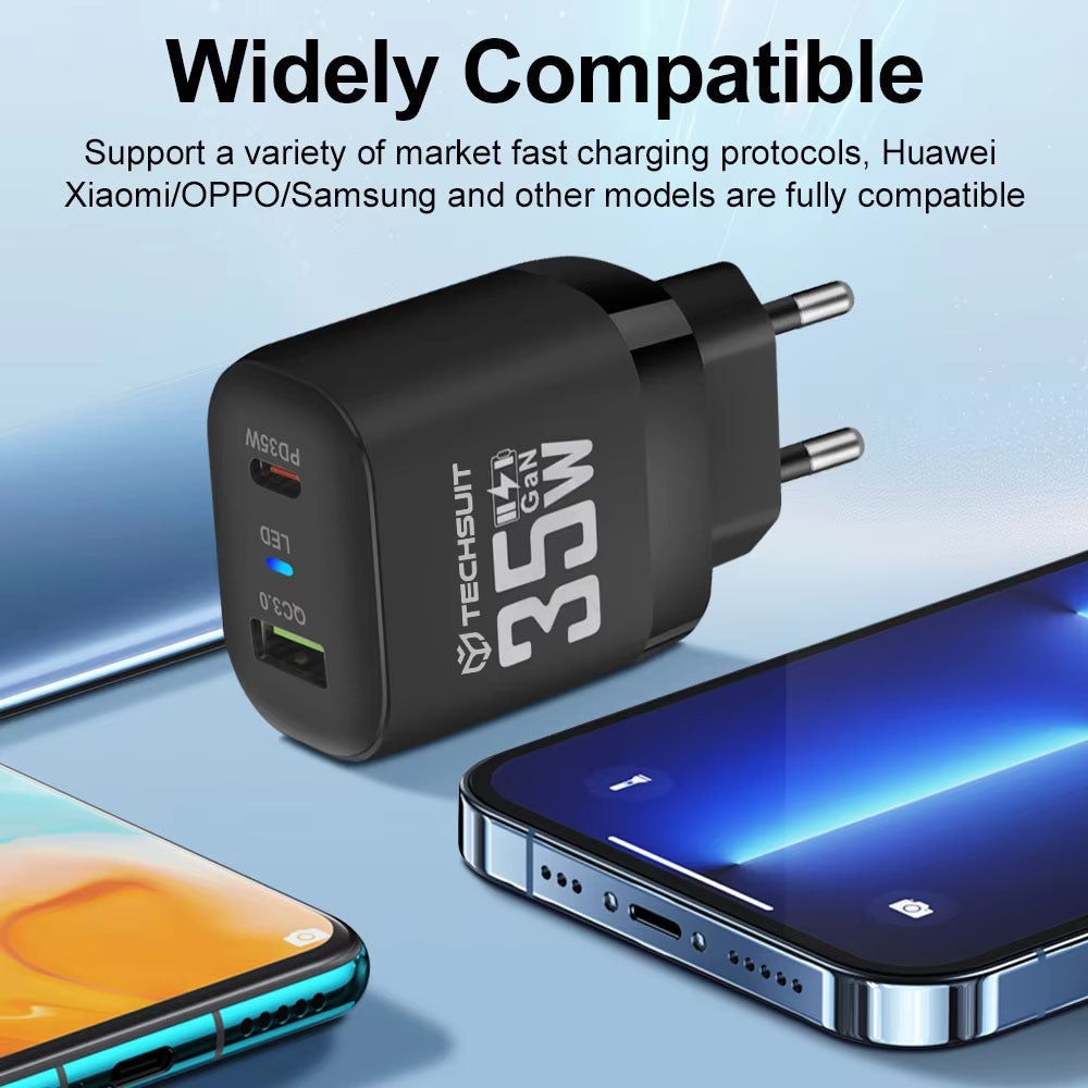 Netwerkoplader Techsuit CHPD174, 35W, 3A, 1 x USB-A - 1 x USB-C, Zwart
