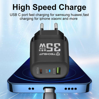 Netwerkoplader Techsuit CHPD174, 35W, 3A, 1 x USB-A - 1 x USB-C, Zwart