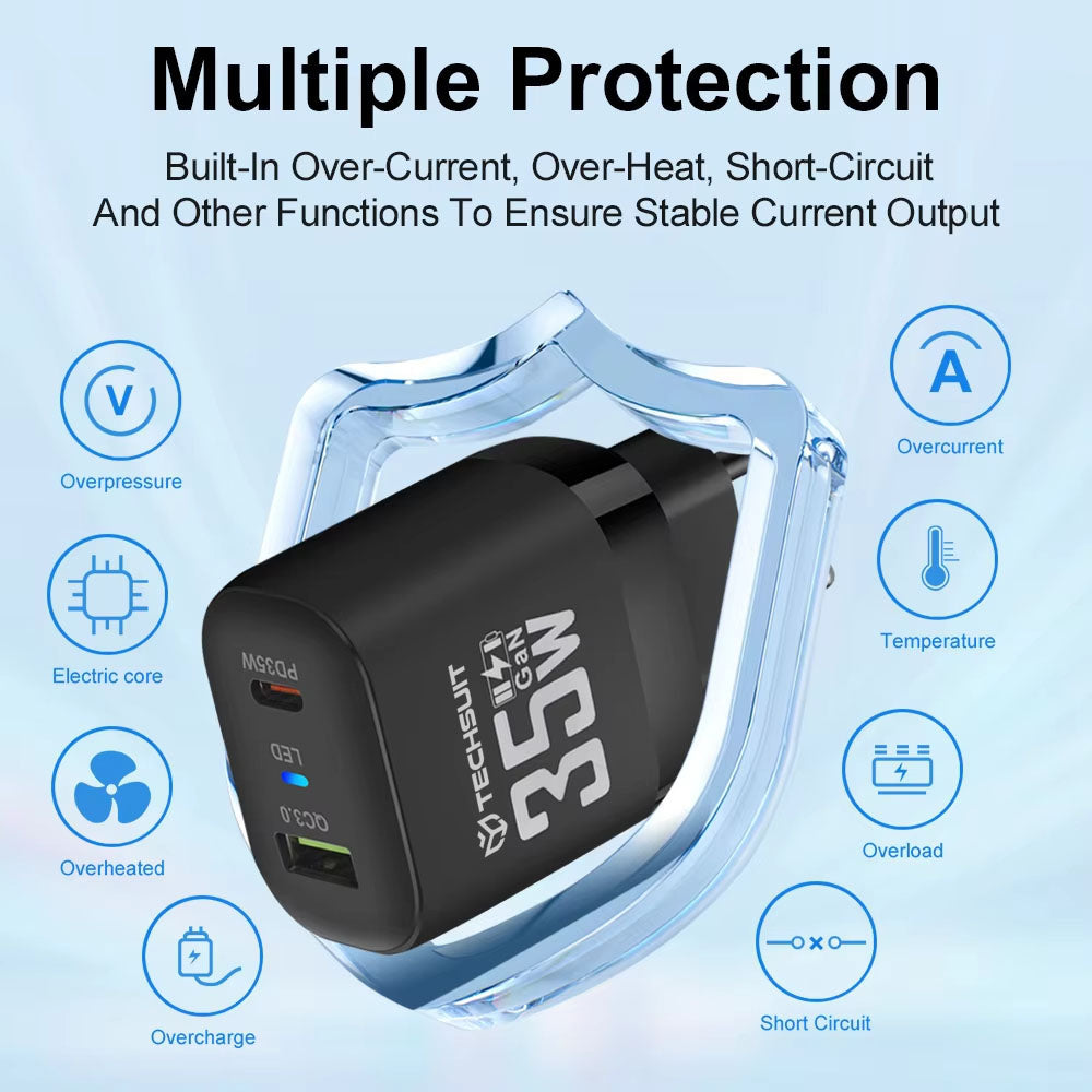 Netwerkoplader Techsuit CHPD174, 35W, 3A, 1 x USB-A - 1 x USB-C, Zwart