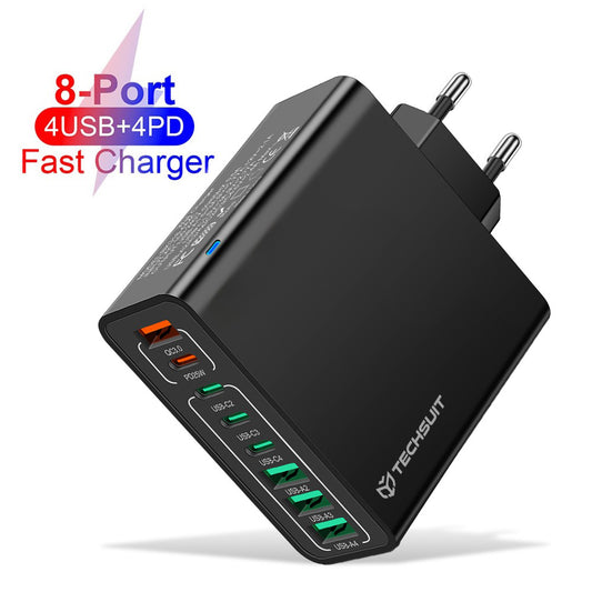 Techsuit CHPD224 Netwerkoplader, 65W, 3.25A, 4 x USB-A - 4 x USB-C, Zwart
