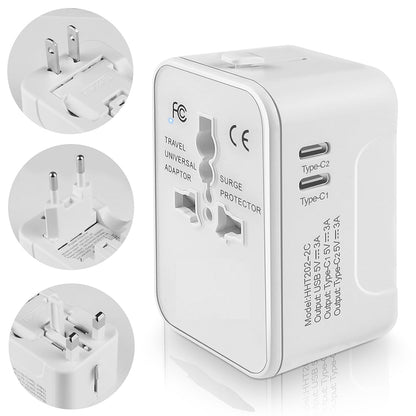 Techsuit HHT202-2C Travel Netwerkoplader, 15W, 3A, 2 x USB-C, Wit