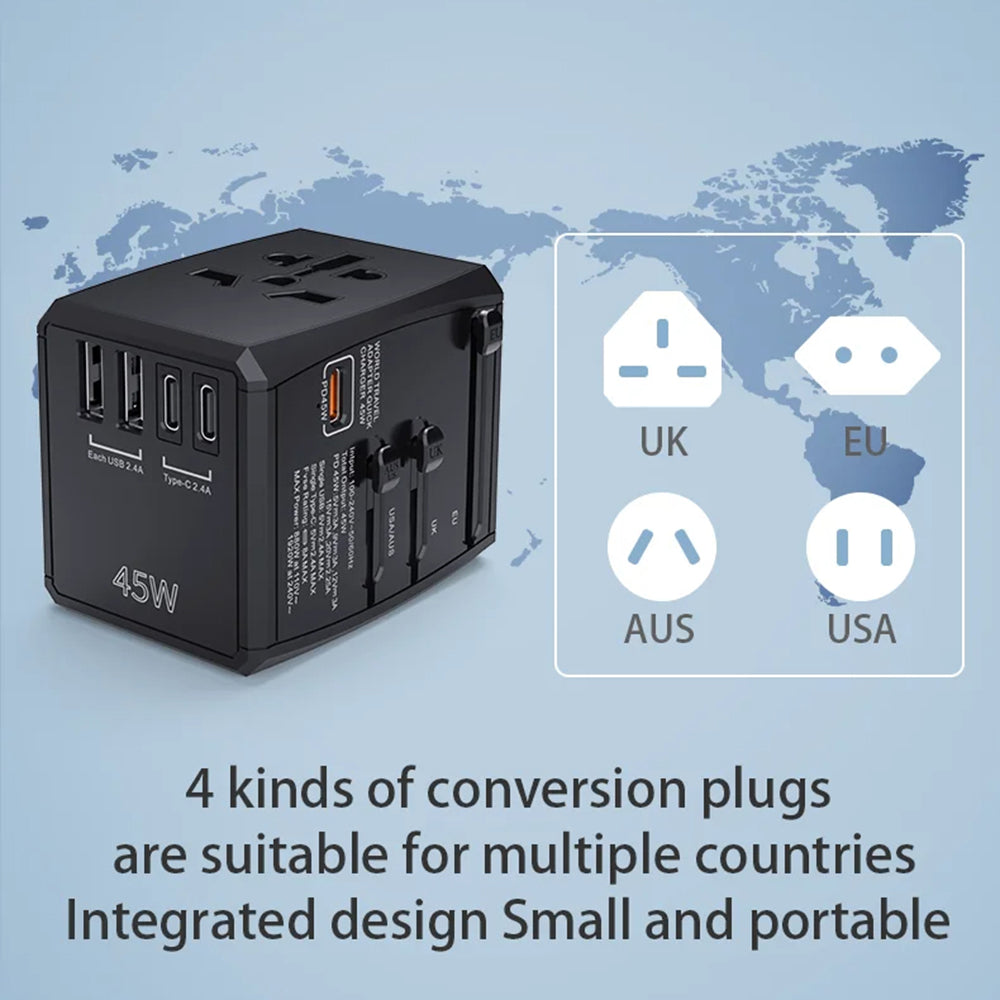 Chargeur Réseau Techsuit HHT905 Travel, 45W, 3A, 2 x USB-A - 2 x USB-C, Noir