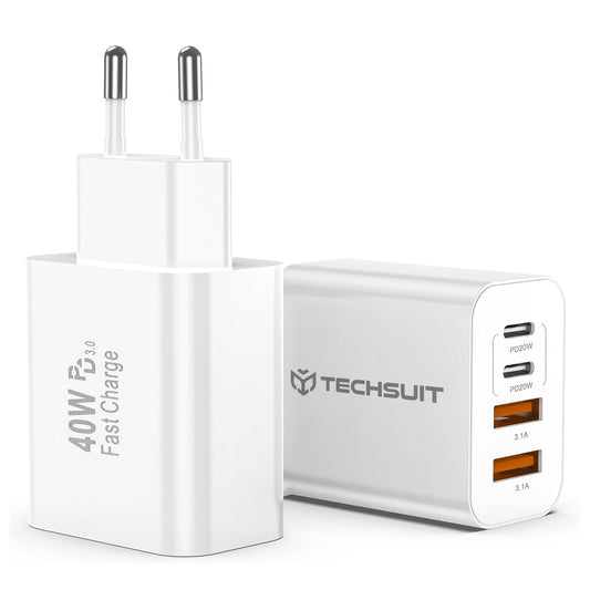 Chargeur Réseau Techsuit PowerXQuad CH4, 40W, 3A, 2 x USB-A - 2 x USB-C, Blanc