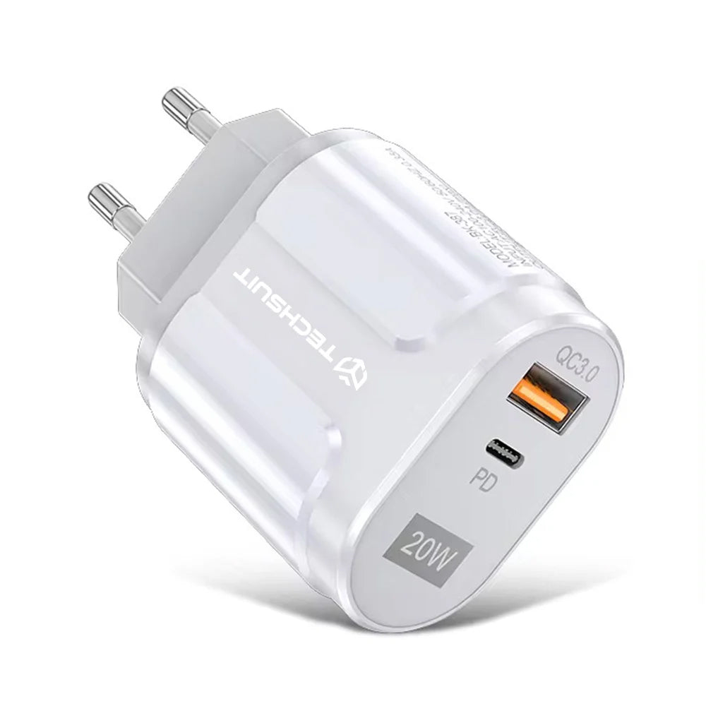 Techsuit Premium Netzladegerät, 20W, 3A, 1 x USB-A - 1 x USB-C, Weiß