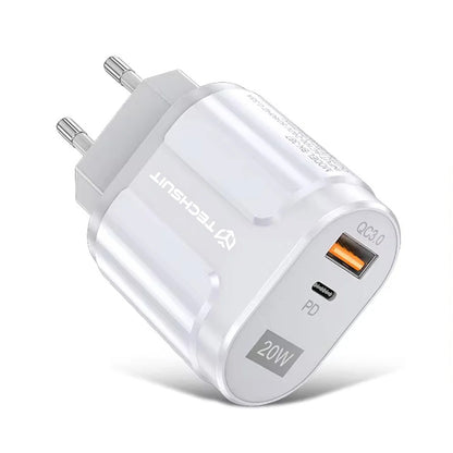 Techsuit Premium Netzladegerät, 20W, 3A, 1 x USB-A - 1 x USB-C, Weiß