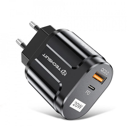 Techsuit Premium Netzladegerät, 20W, 3A, 1 x USB-A - 1 x USB-C, Schwarz CHPD038