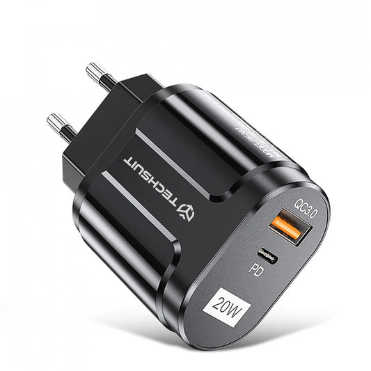 Techsuit Premium Netwerkoplader, 20W, 3A, 1 x USB-A - 1 x USB-C, Zwart CHPD038
