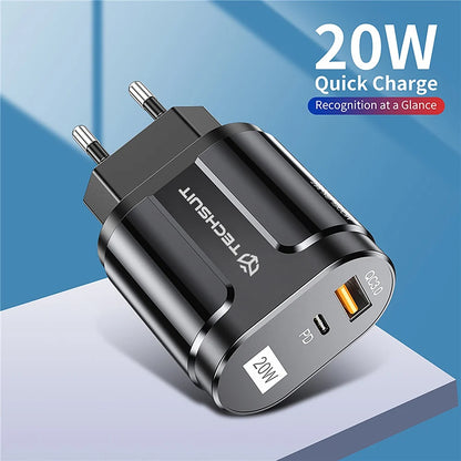 Techsuit Premium Netzladegerät, 20W, 3A, 1 x USB-A - 1 x USB-C, Weiß