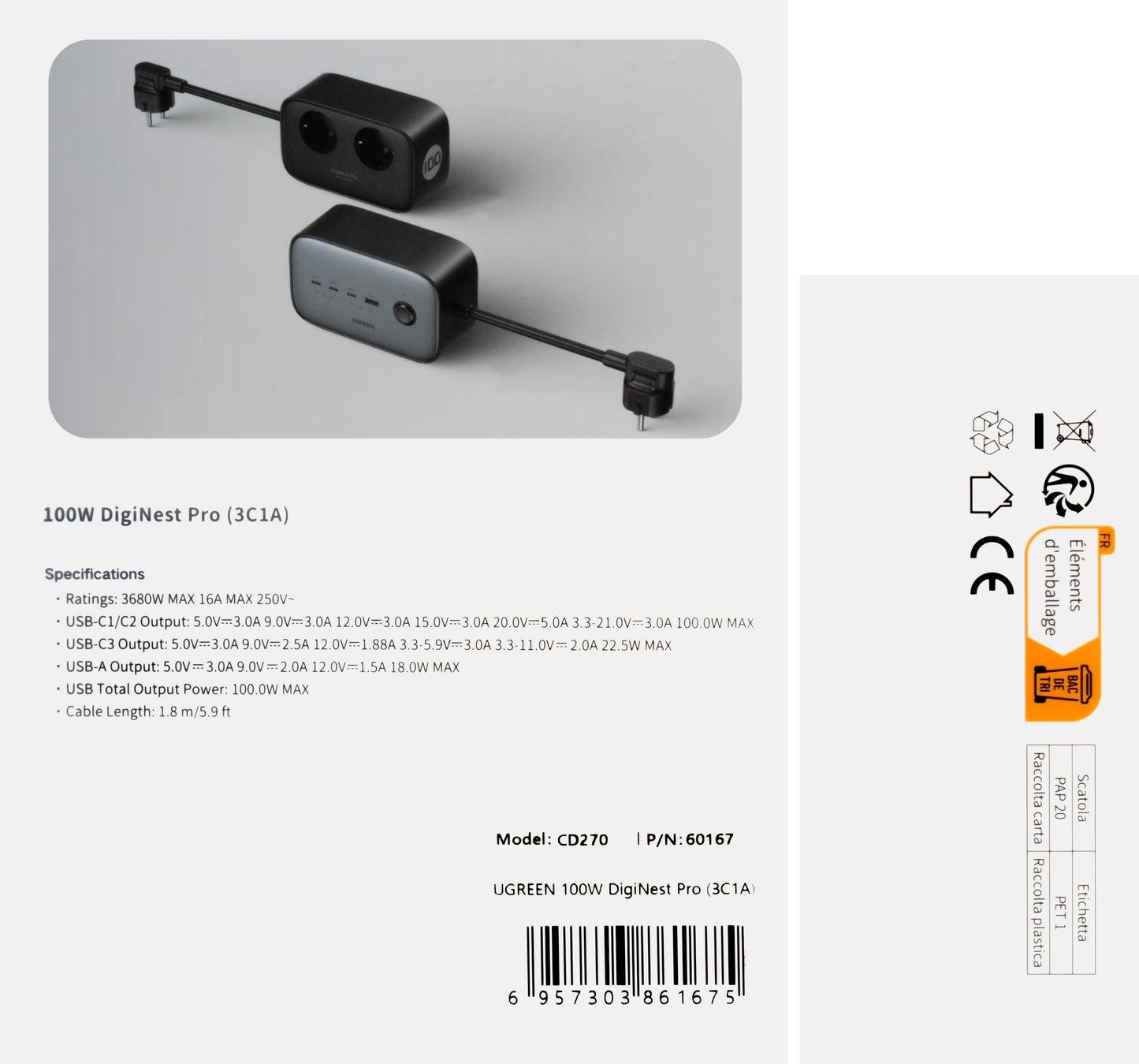 Rallonge UGREEN CD270, 2 x Schuko, Gris