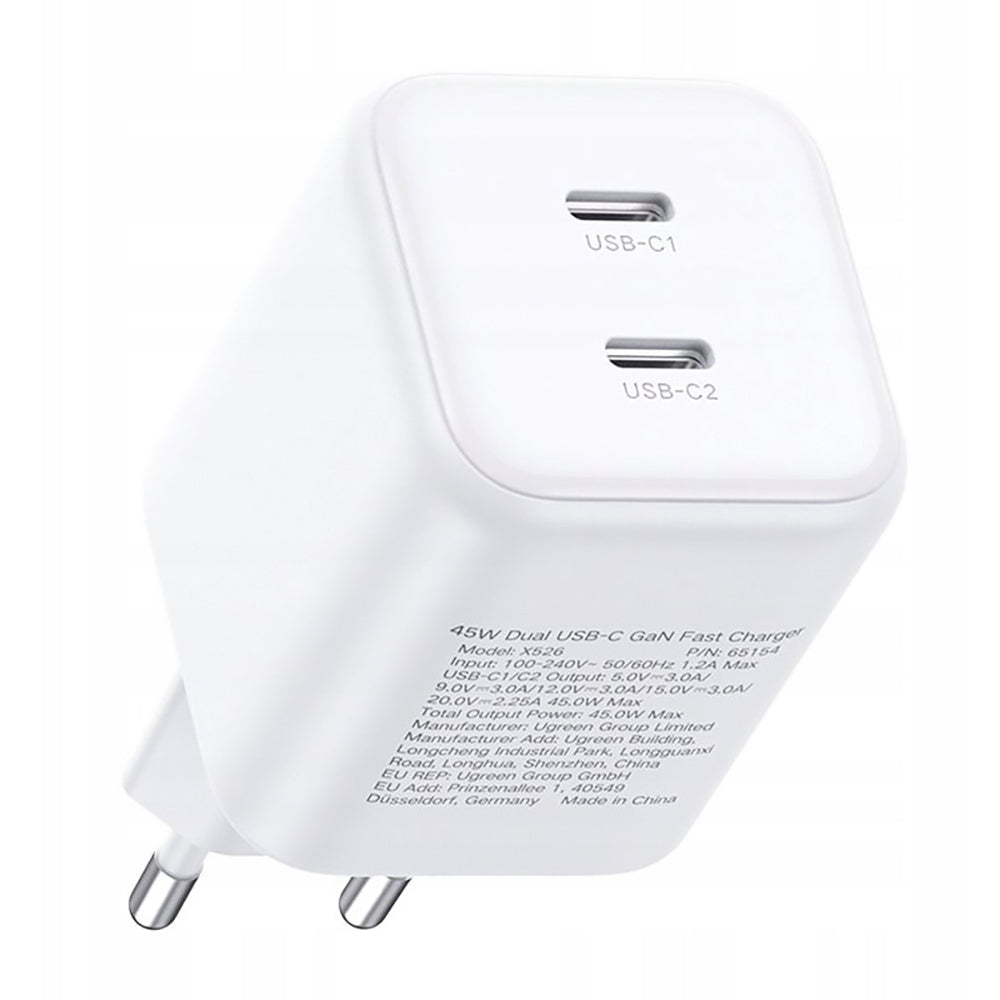 Netlader UGREEN X526 (65154), 45W, 3A, 2 x USB-C, Wit