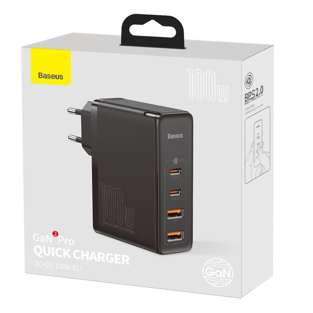 Chargeur réseau Baseus GaN2 Pro, 100W, 5A, 2 x USB-A - 2 x USB-C, Noir CCGAN2P-L01