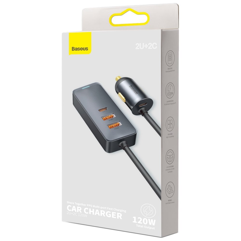 Baseus Share Together Autolader, 120W, 3A, 2 x USB-A - 2 x USB-C, Grijs CCBT-A0G