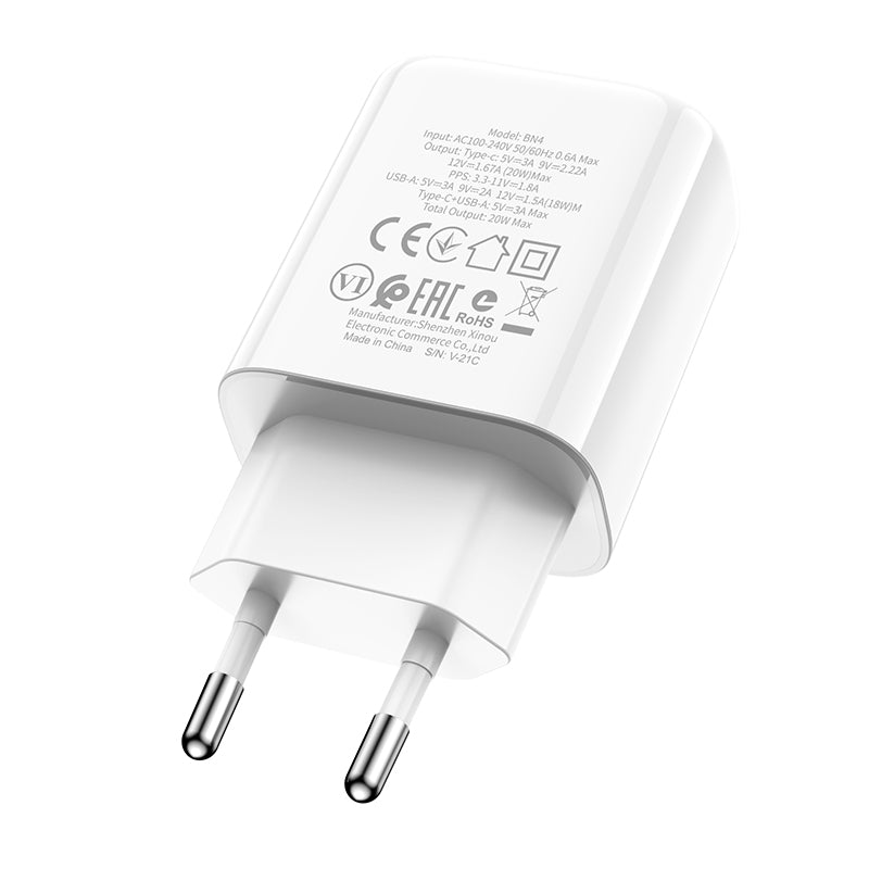 Chargeur Réseau Borofone BBN4 Potential, 20W, 3A, 1 x USB-A - 1 x USB-C, Blanc