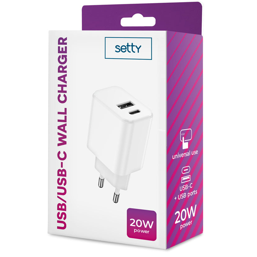 Netwerkoplader Setty, 20W, 3A, 1 x USB-A - 1 x USB-C, Wit