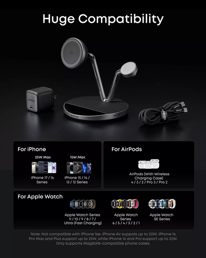 Anker Prime MagGo AirCool 3in1 Wireless Netzladegerät, 25W, Schwarz B25X7G11